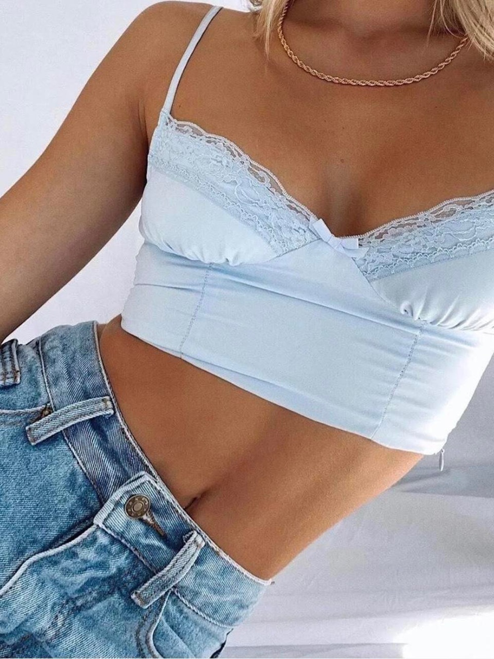 Princess Polly Light Blue Lace Trim Satin Crop Top